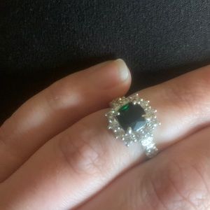 “Way to Stand Out” Dark Emerald, rhodium plating, size 6.
